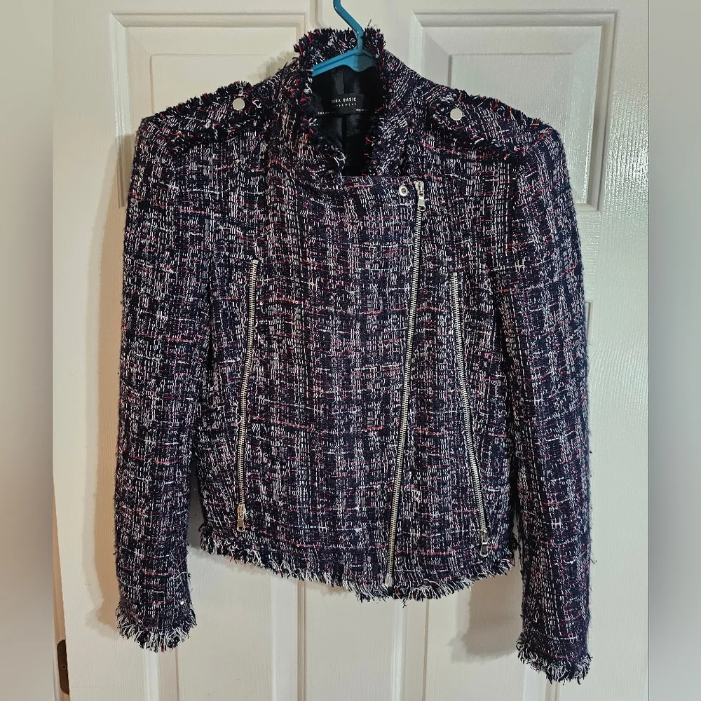 Zara Basic Navy Tweed Moto Jacket M Chanel-Inspired Raw Fringe Investment Piece - Picture 2 of 8
